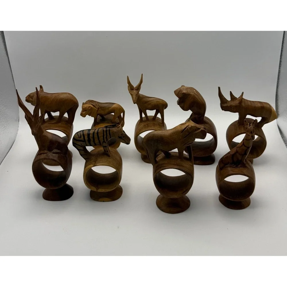 Vintage Hand Carved Wooden Safari Animal Napkin‎ Rings African Folk Art Set of 9